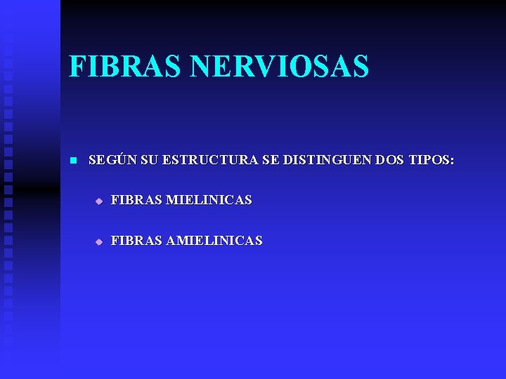 FIBRAS NERVIOSAS n SEGÚN SU ESTRUCTURA SE DISTINGUEN DOS TIPOS: u FIBRAS MIELINICAS u