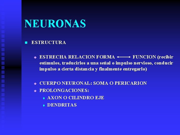 NEURONAS n ESTRUCTURA u u u ESTRECHA RELACION FORMA FUNCION (recibir estímulos, traducirlos a