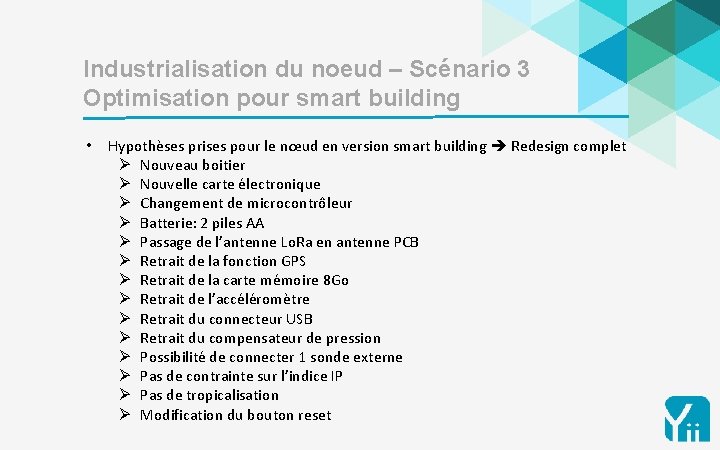 22 Industrialisation du noeud – Scénario 3 Optimisation pour smart building • Hypothèses prises