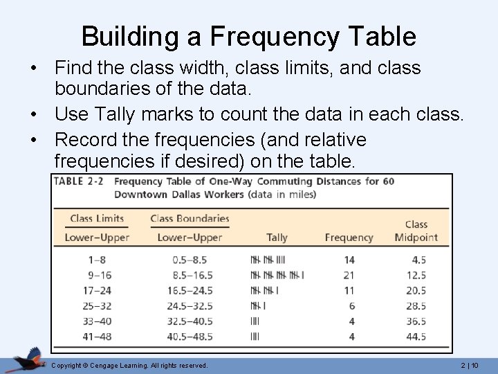 Building a Frequency Table • Find the class width, class limits, and class boundaries