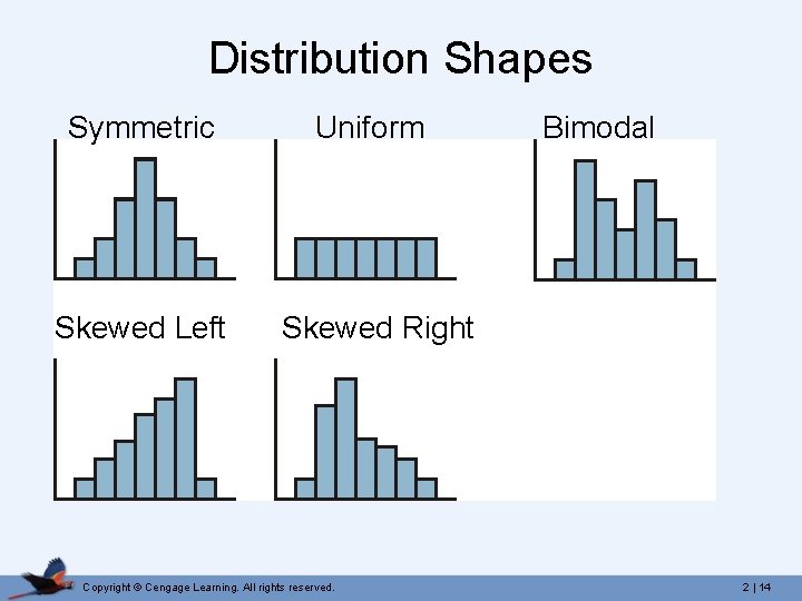 Distribution Shapes Symmetric Uniform Skewed Left Skewed Right Copyright © Cengage Learning. All rights