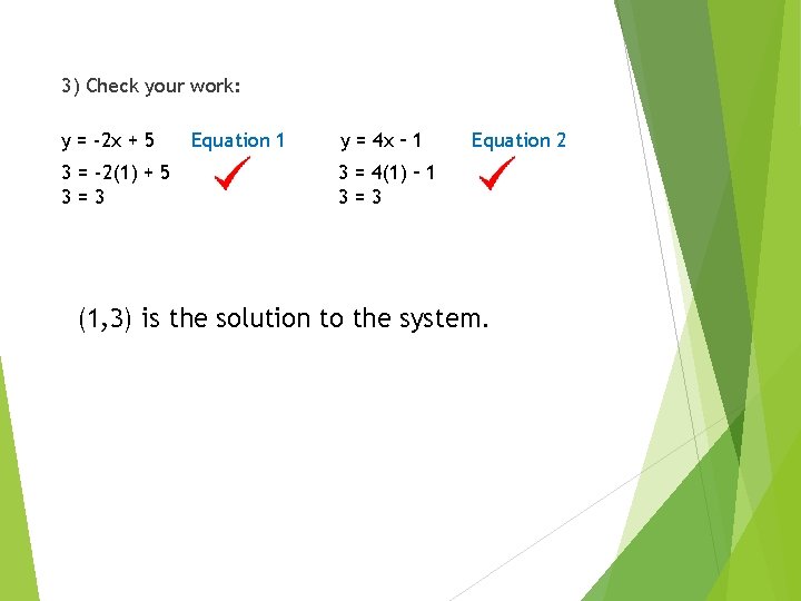 3) Check your work: y = -2 x + 5 3 = -2(1) +