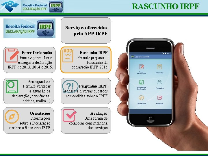 RASCUNHO IRPF Ministério da Fazenda Serviços oferecidos pelo APP IRPF Fazer Declaração Permite preencher