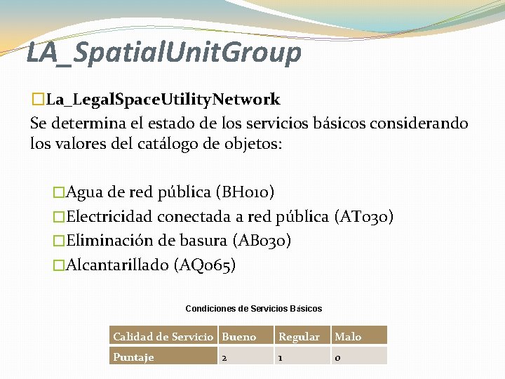 LA_Spatial. Unit. Group �La_Legal. Space. Utility. Network Se determina el estado de los servicios