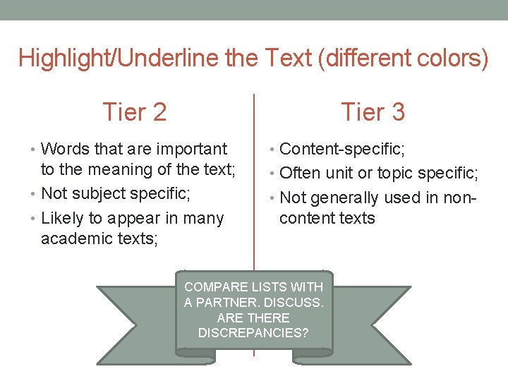 Highlight/Underline the Text (different colors) Tier 2 Tier 3 • Words that are important