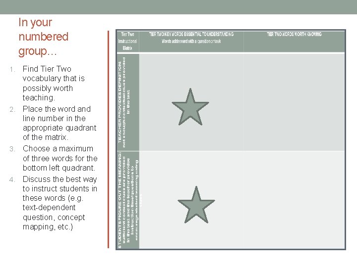 In your numbered group… Find Tier Two vocabulary that is possibly worth teaching. 2.