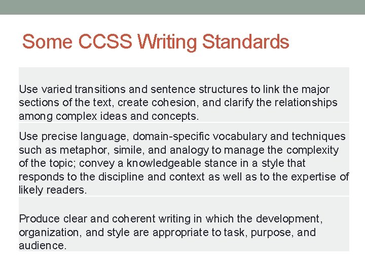 Some CCSS Writing Standards Use varied transitions and sentence structures to link the major