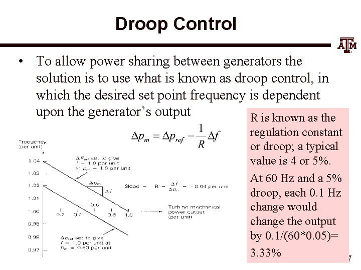 Droop Control • To allow power sharing between generators the solution is to use