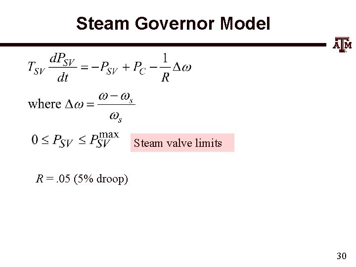 Steam Governor Model Steam valve limits R =. 05 (5% droop) 30 