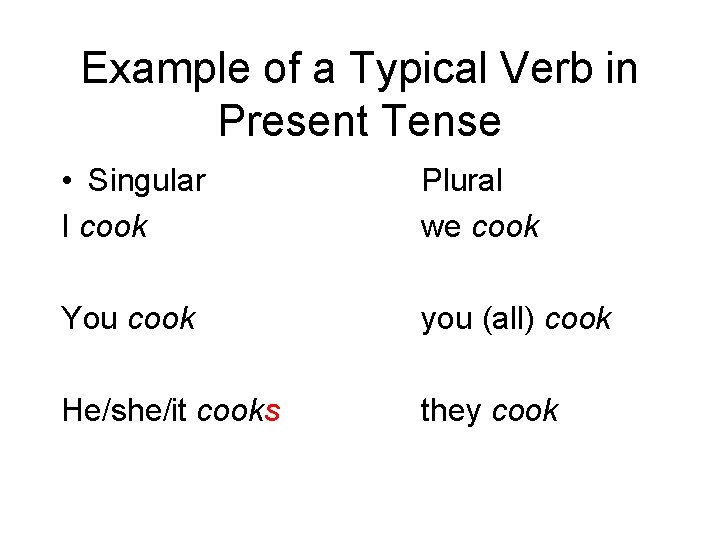 Example of a Typical Verb in Present Tense • Singular I cook Plural we