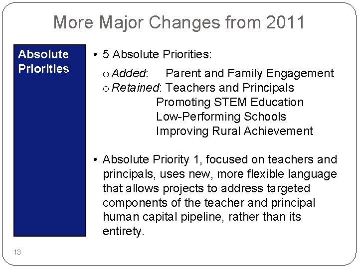 More Major Changes from 2011 Absolute Priorities • 5 Absolute Priorities: o Added: Parent