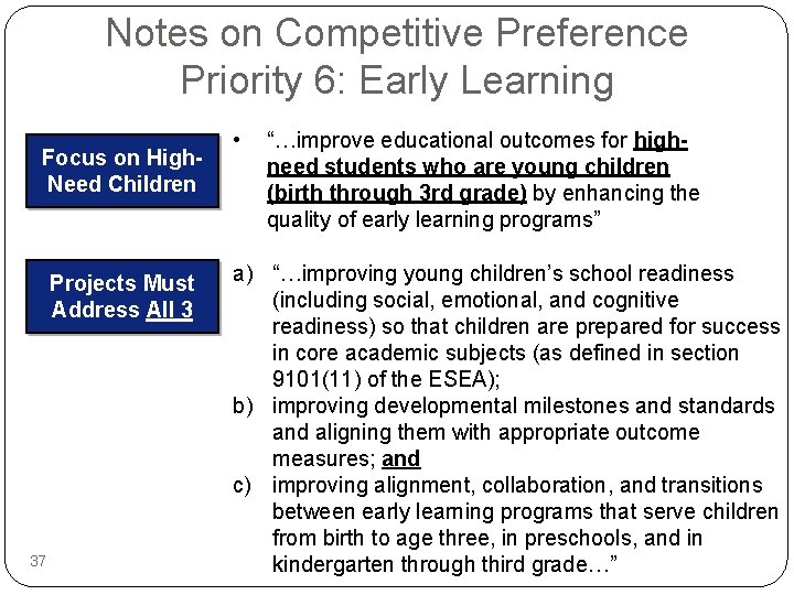 Notes on Competitive Preference Priority 6: Early Learning Focus on High. Need Children Projects