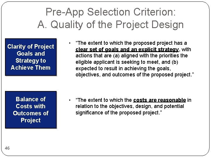 Pre-App Selection Criterion: A. Quality of the Project Design Clarity of Project Goals and