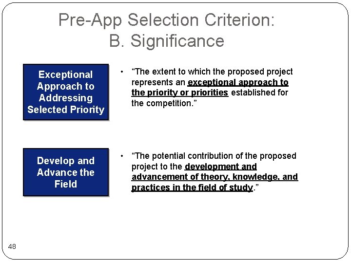 Pre-App Selection Criterion: B. Significance Exceptional Approach to Addressing Selected Priority Develop and Advance