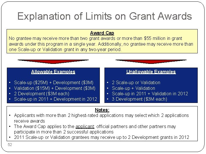 Explanation of Limits on Grant Awards Award Cap No grantee may receive more than