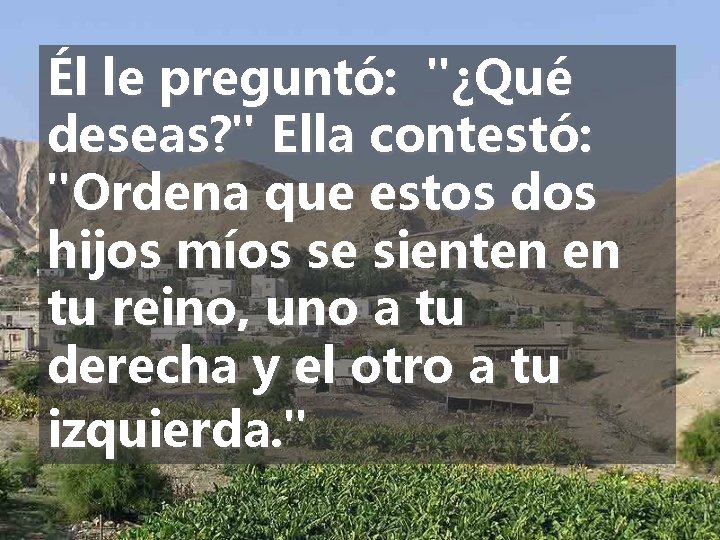 Él le preguntó: "¿Qué deseas? " Ella contestó: "Ordena que estos dos hijos míos