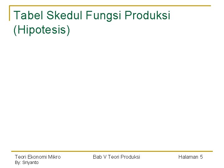 Tabel Skedul Fungsi Produksi (Hipotesis) Teori Ekonomi Mikro By: Sriyanto Bab V Teori Produksi