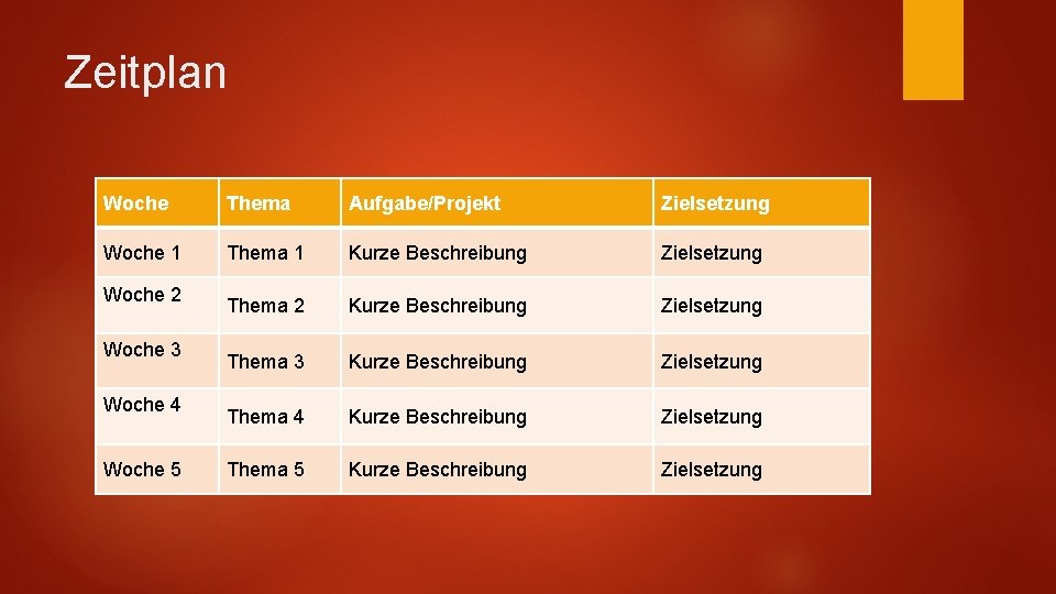 Zeitplan Woche Thema Aufgabe/Projekt Zielsetzung Woche 1 Thema 1 Kurze Beschreibung Zielsetzung Thema 2