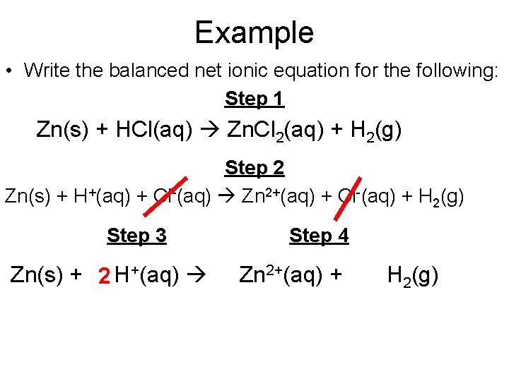 Example • Write the balanced net ionic equation for the following: Step 1 Zn(s)