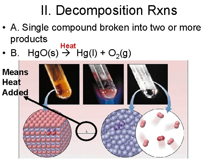 II. Decomposition Rxns • A. Single compound broken into two or more products Heat