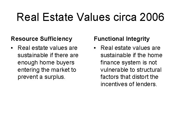Real Estate Values circa 2006 Resource Sufficiency Functional Integrity • Real estate values are