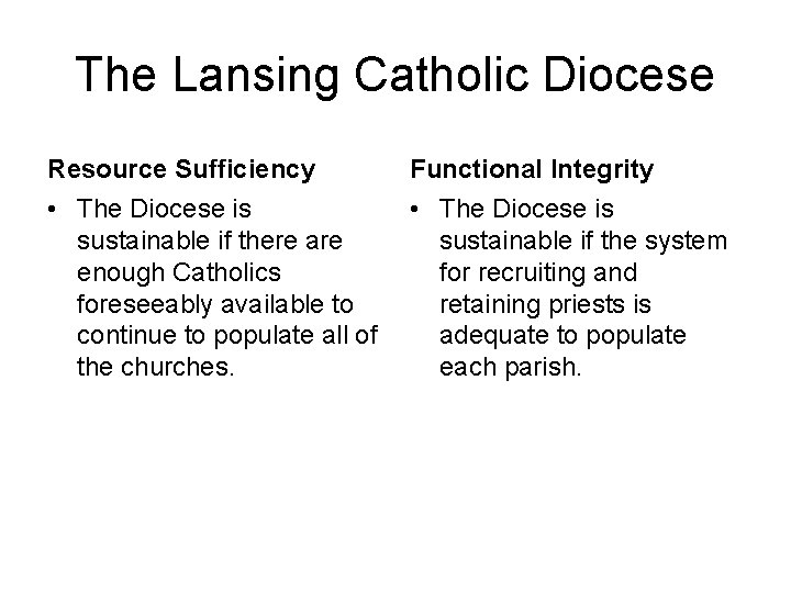 The Lansing Catholic Diocese Resource Sufficiency Functional Integrity • The Diocese is sustainable if