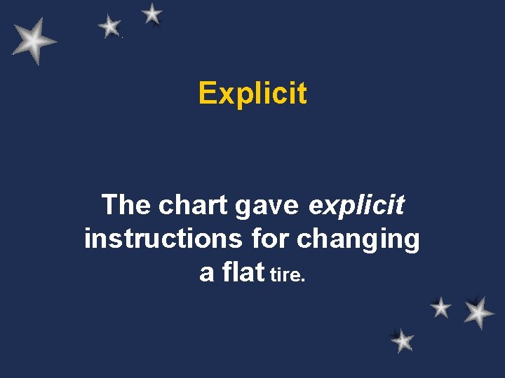 Explicit The chart gave explicit instructions for changing a flat tire. 