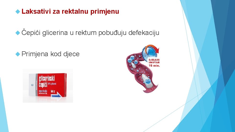  Laksativi Čepići za rektalnu primjenu glicerina u rektum pobuđuju defekaciju Primjena kod djece