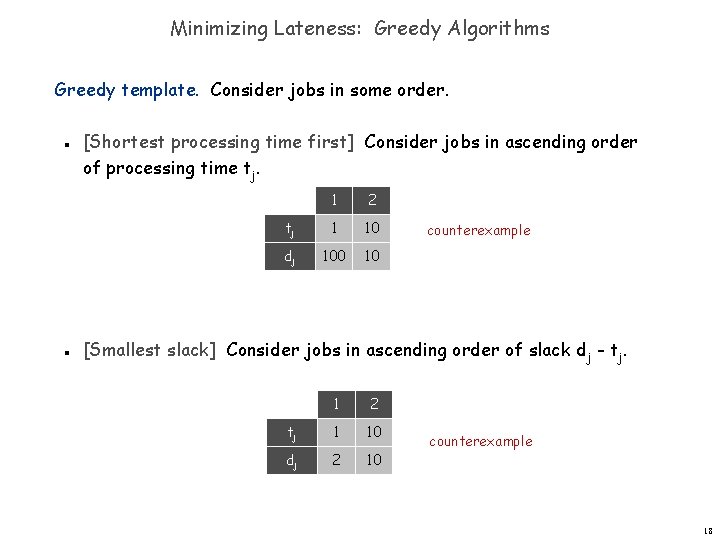 Minimizing Lateness: Greedy Algorithms Greedy template. Consider jobs in some order. n n [Shortest