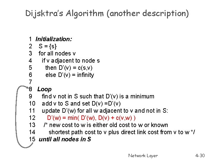 Dijsktra’s Algorithm (another description) 1 Initialization: 2 S = {s} 3 for all nodes