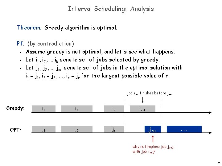 Interval Scheduling: Analysis Theorem. Greedy algorithm is optimal. Pf. (by contradiction) Assume greedy is
