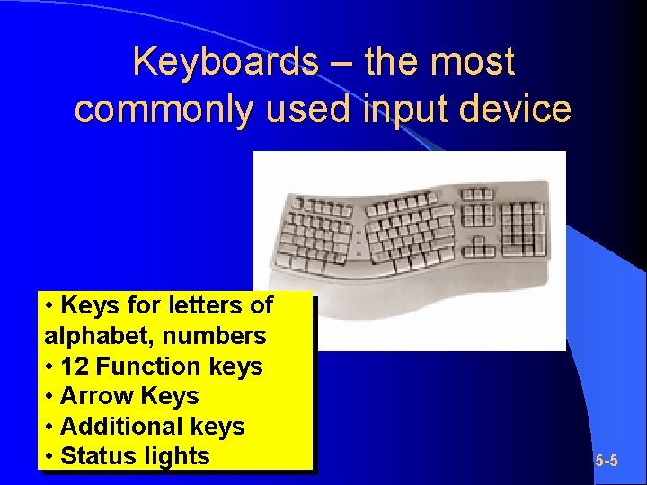 Keyboards – the most commonly used input device • Keys for letters of alphabet,
