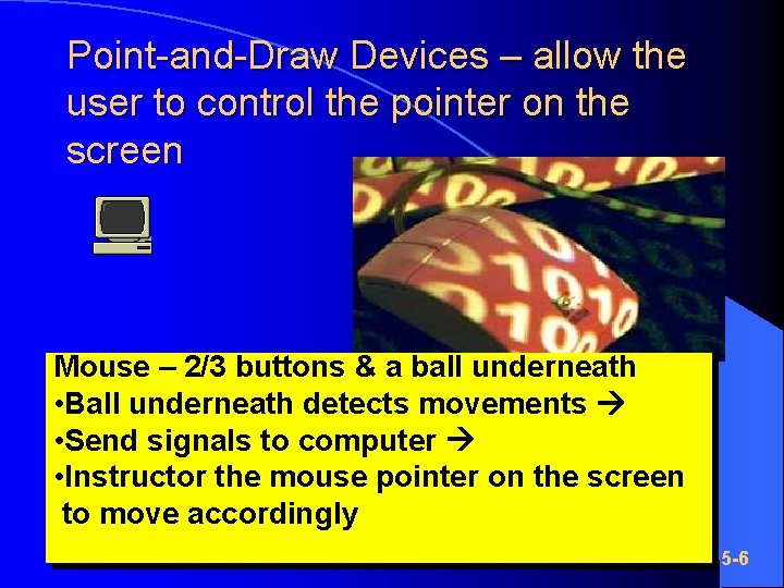 Point-and-Draw Devices – allow the user to control the pointer on the screen Mouse
