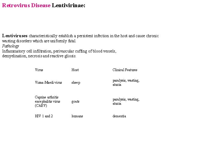 Retrovirus Disease Lentivirinae: Lentiviruses characteristically establish a persistent infection in the host and cause