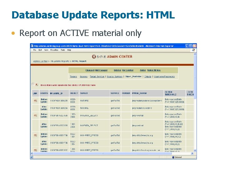 Database Update Reports: HTML • Report on ACTIVE material only 12 