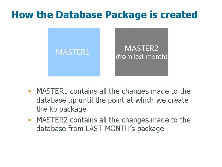 How the Database Package is created MASTER 1 MASTER 2 (from last month) •