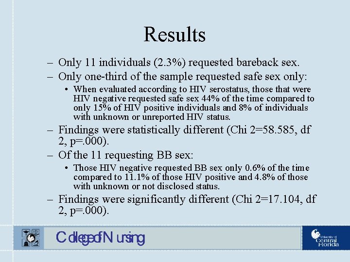 Results – Only 11 individuals (2. 3%) requested bareback sex. – Only one-third of