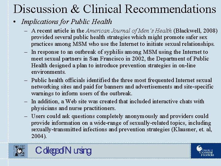 Discussion & Clinical Recommendations • Implications for Public Health – A recent article in