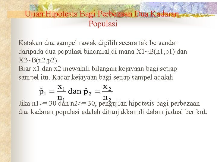 Ujian Hipotesis Bagi Perbezaan Dua Kadaran Populasi Katakan dua sampel rawak dipilih secara tak