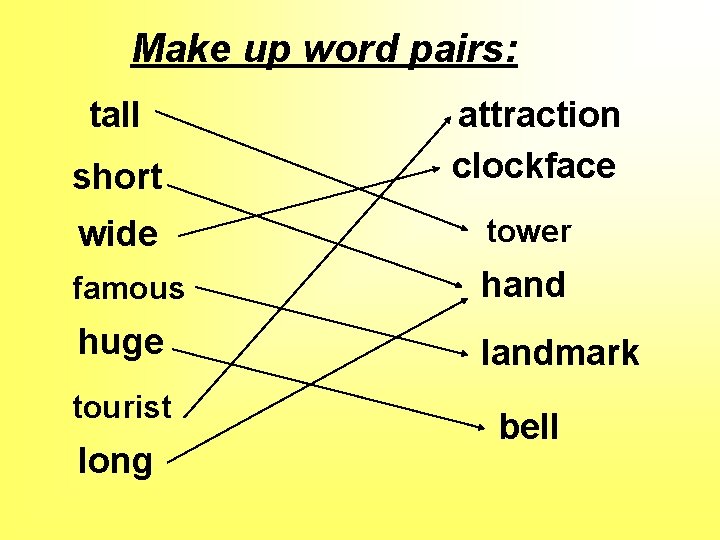 Make up word pairs: tall short attraction clockface wide tower famous hand huge landmark