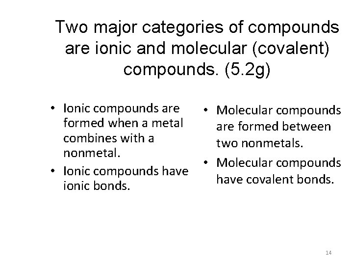 Two major categories of compounds are ionic and molecular (covalent) compounds. (5. 2 g)