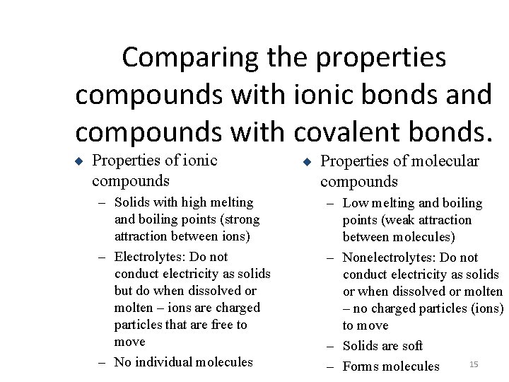 Comparing the properties compounds with ionic bonds and compounds with covalent bonds. ¨ Properties
