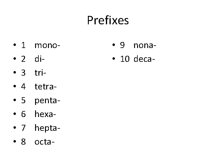 Prefixes • • 1 2 3 4 5 6 7 8 monoditritetrapentahexaheptaocta- • 9