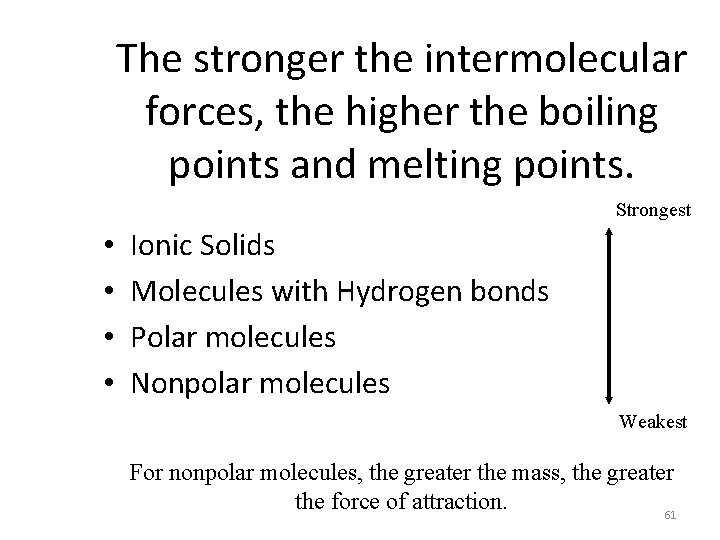 The stronger the intermolecular forces, the higher the boiling points and melting points. Strongest