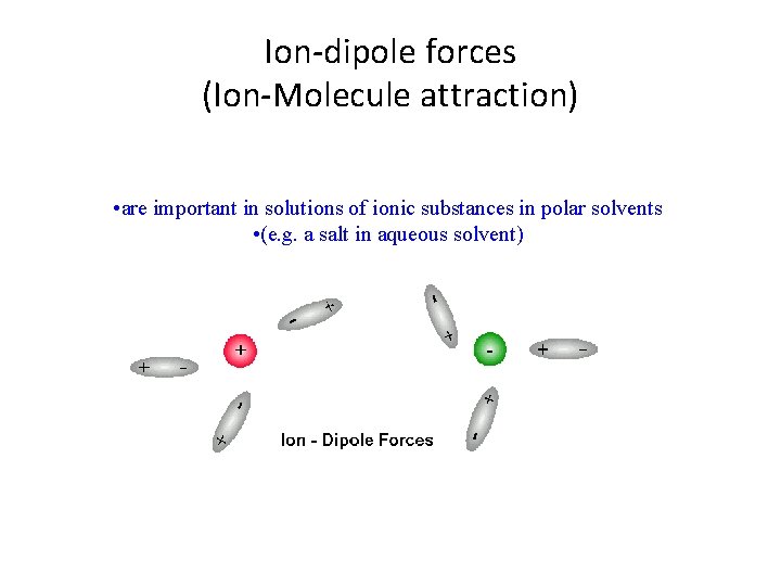 Ion-dipole forces (Ion-Molecule attraction) • are important in solutions of ionic substances in polar