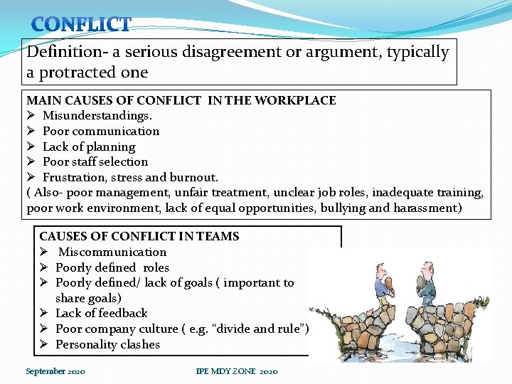 Definition- a serious disagreement or argument, typically a protracted one MAIN CAUSES OF CONFLICT