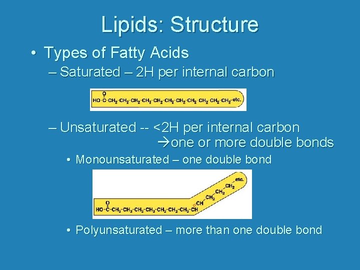 Lipids: Structure • Types of Fatty Acids – Saturated – 2 H per internal