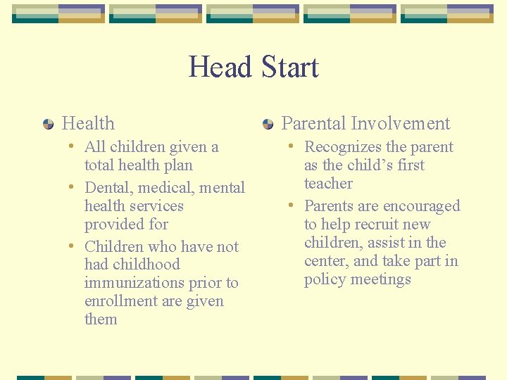 Head Start Health • All children given a total health plan • Dental, medical,