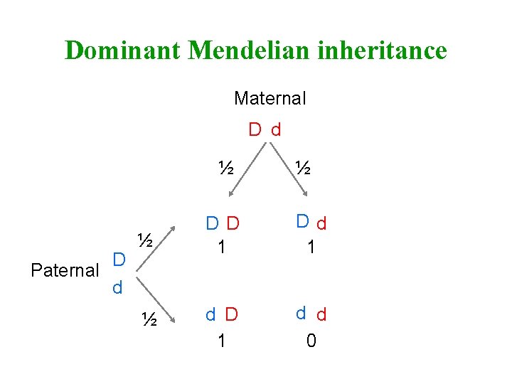 Dominant Mendelian inheritance Maternal D d ½ D Paternal d ½ ½ DD 1