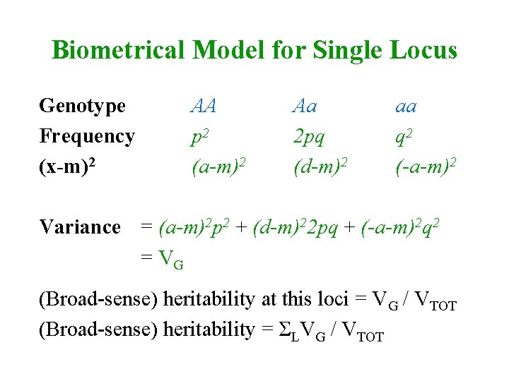 Biometrical Model for Single Locus Genotype Frequency (x-m)2 AA p 2 (a-m)2 Aa 2